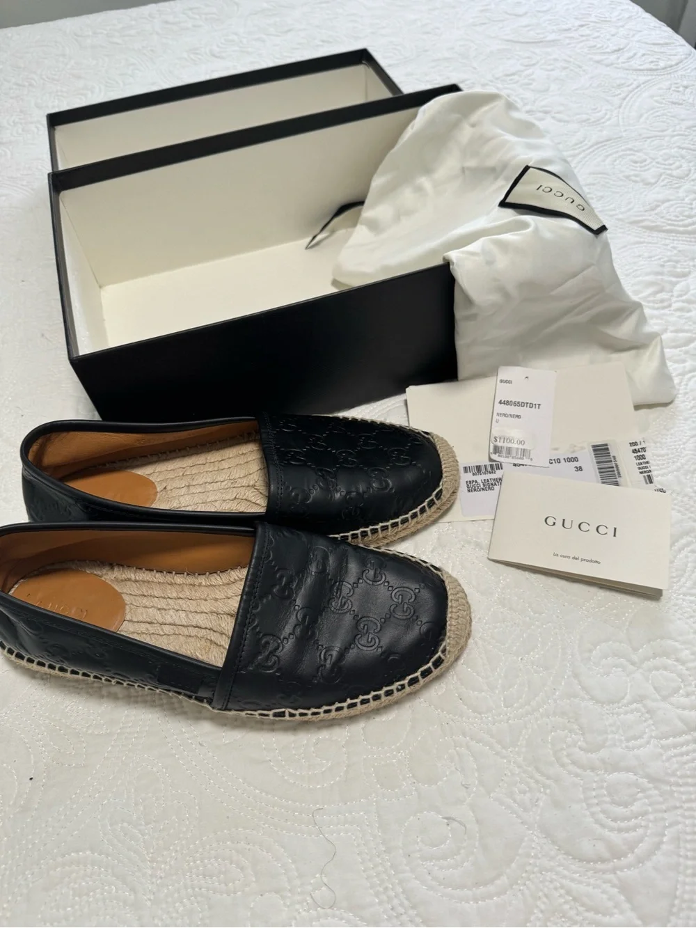 Gucci Black Leather Embossed Espadrille Flats